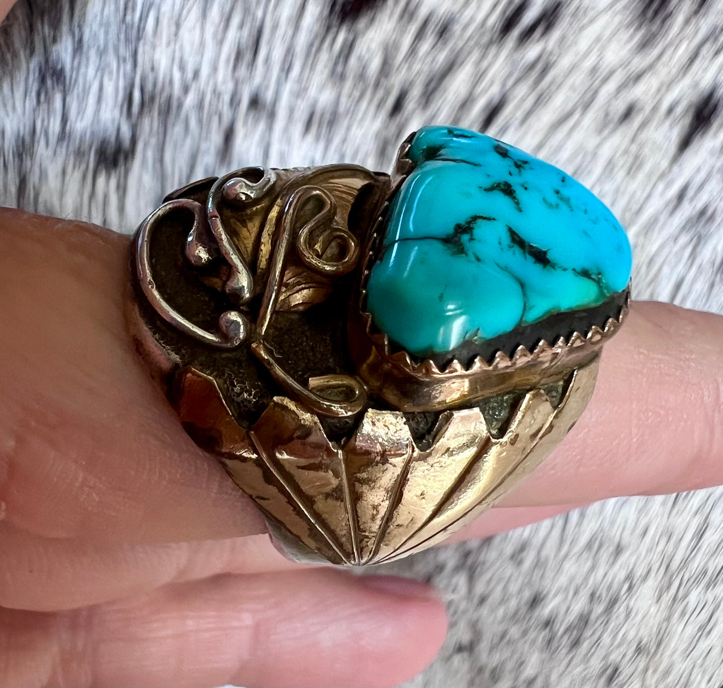 Vintage Chunky Navajo Handmade 12kt Gold Fill, Sterling & Kingman Turquoise Nugget Ring Sz 9.5