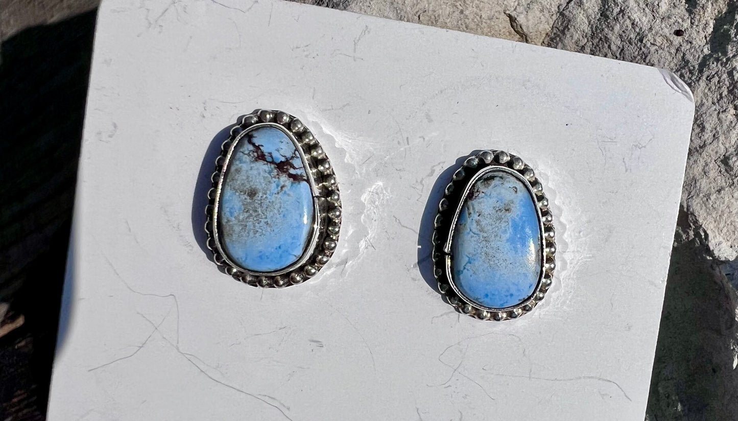 Handmade by Dustin Calvin, Sterling & Golden Hills Turquoise Post Earrings Sz .6”x.4”