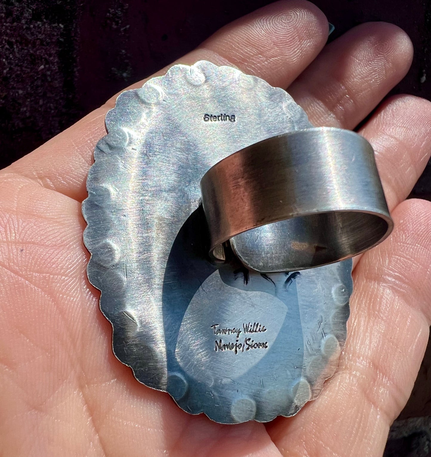 Navajo/Sioux Handmade by Tawney Willie. Large Sterling & Dry Creek Ring Sz Adjustable
