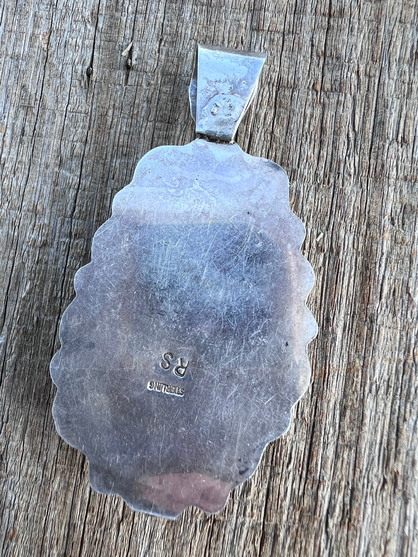 Native American Handmade Sterling & Sky Horse Turquoise Pendant 2.75” x 1 5/8” w/bale