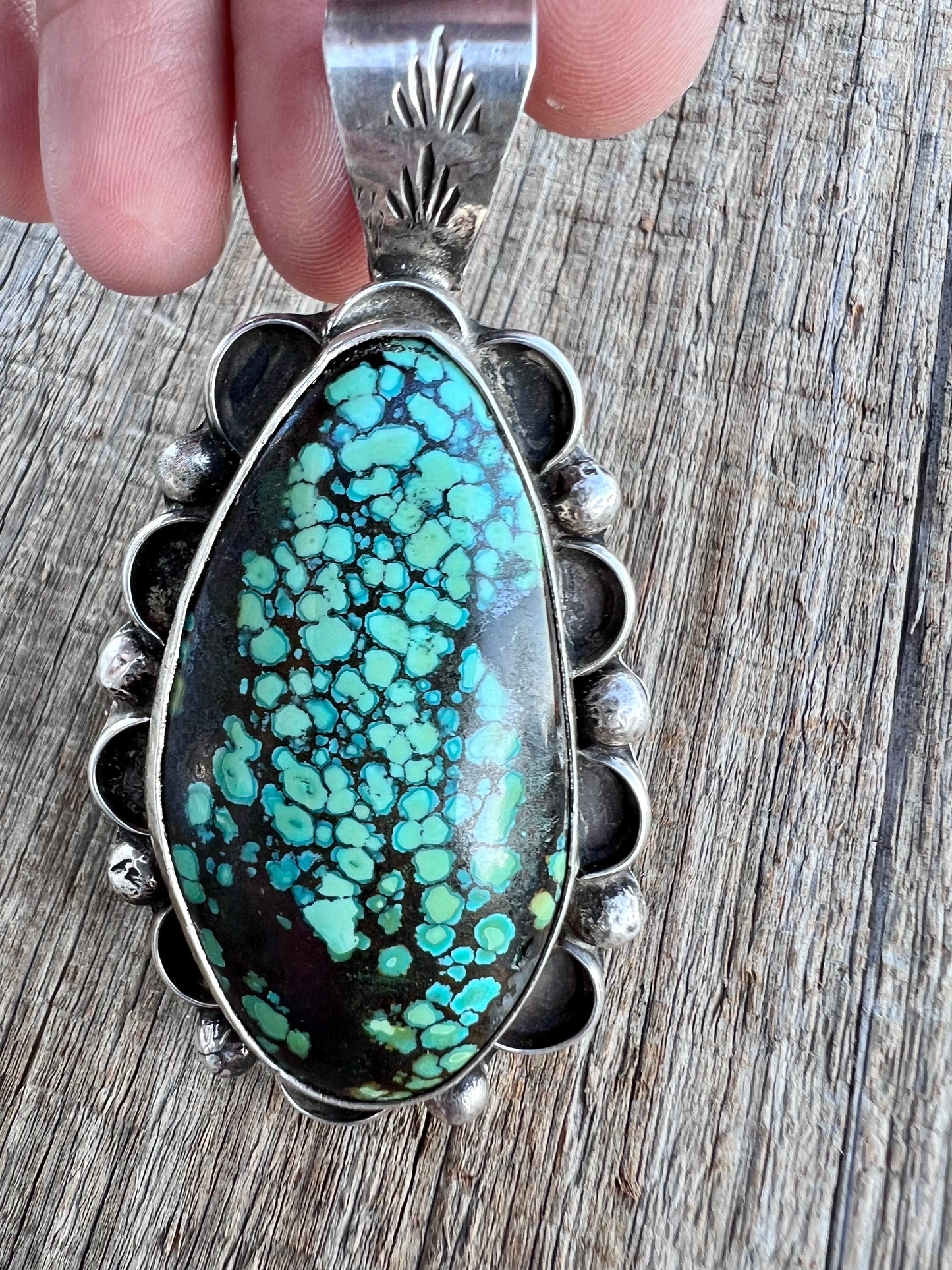 Native American Handmade Sterling & Sky Horse Turquoise Pendant 2.75” x 1 5/8” w/bale