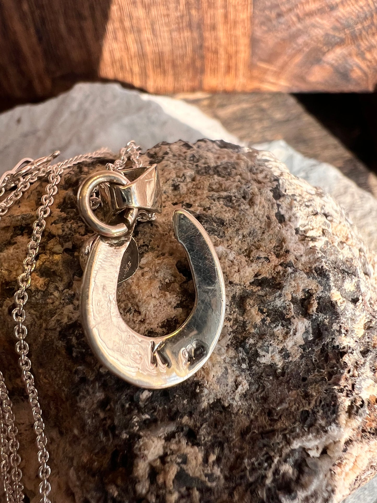 Handmade Pink Conch Shell Horse Shoe Pendant on a Sterling Rolo Chain Necklace 18”