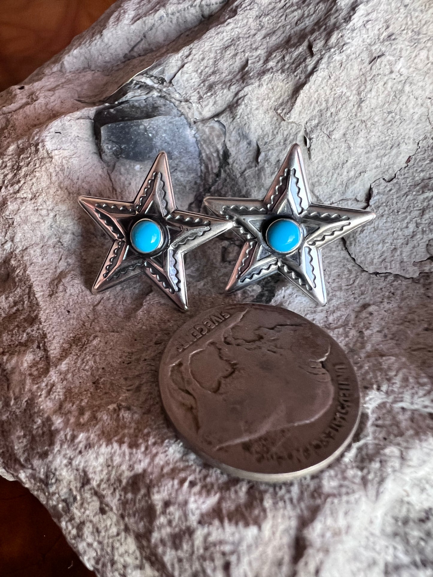 Southwest Sterling Star & Turquoise Post Earrings 7/8”