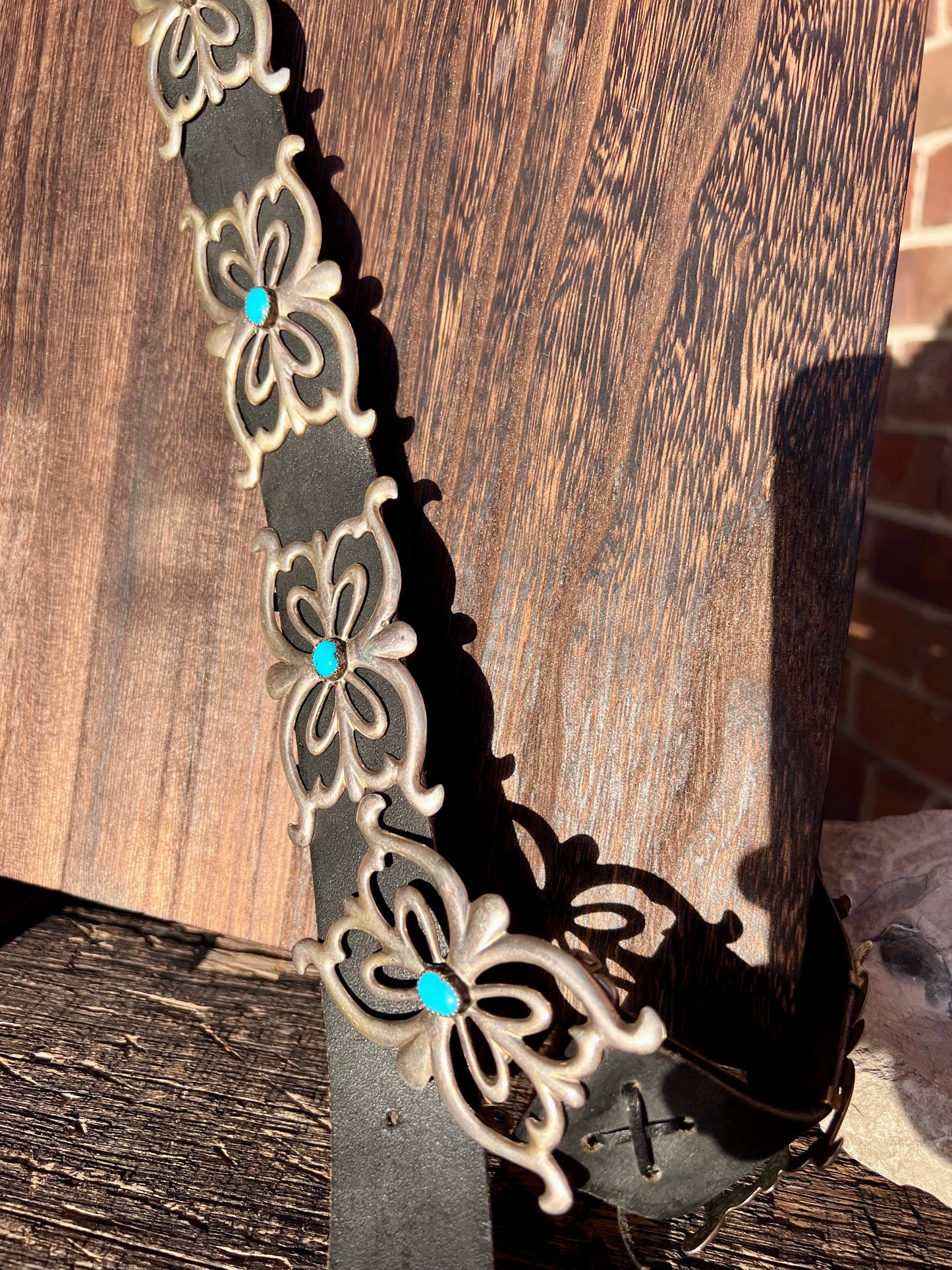 Vintage Navajo Handmade  Sterling Silver Sandcast Buckle Belt with Kingman Turquoise 35”