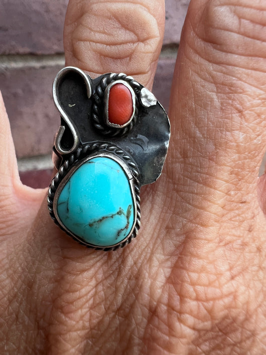 Vintage Native American Handmade Sterling Silver, Red Mediterranean Coral & Sterling Ring Sz 6