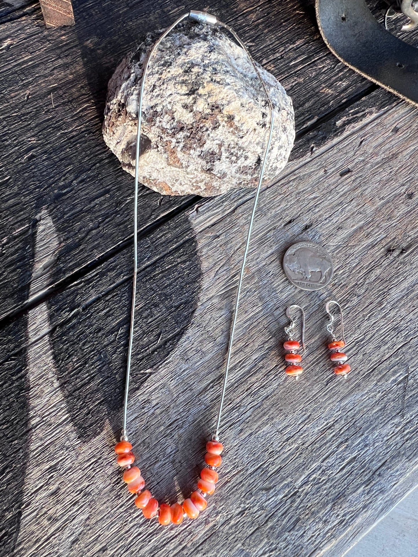 Southwest Orange Spiny & Sterling Liquid Silver Necklace & Earrings Set