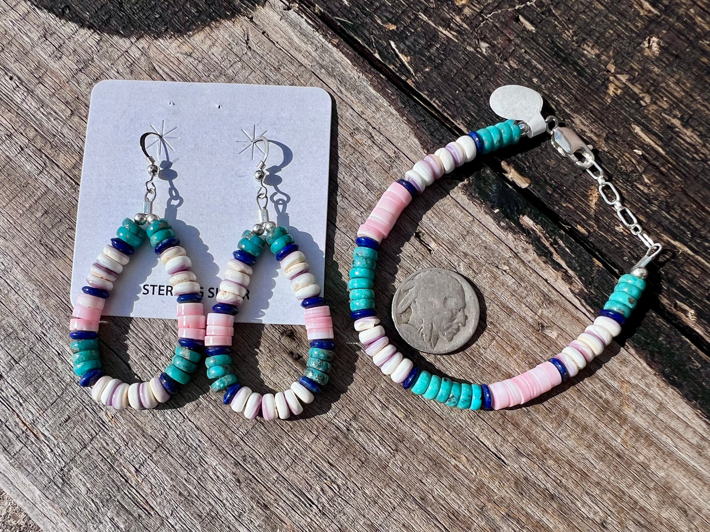 Lapis, Pink Conch, Turquoise, Wampum w/ Sterling Bracelet & Earrings Set