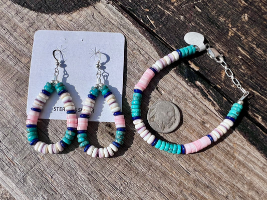 Lapis, Pink Conch, Turquoise, Wampum w/ Sterling Bracelet & Earrings Set