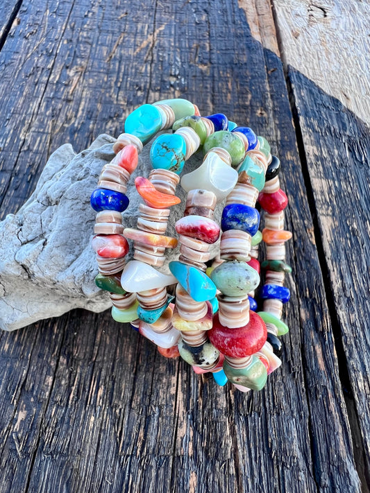 Multi-Stone and Shell Wrap Bracelet