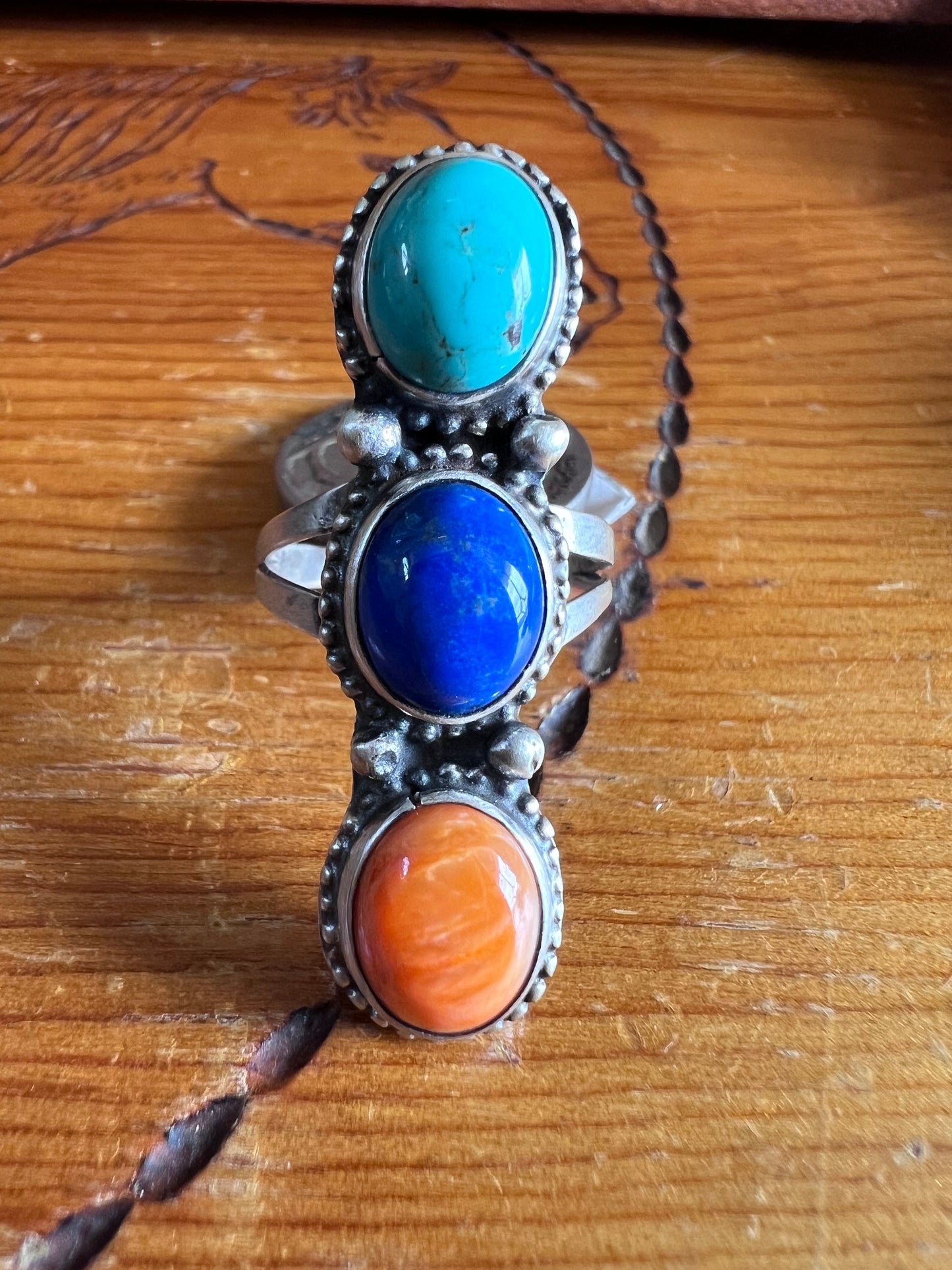 Native American Handmade Sterling, Orange Spiny, Blue Lapis & Tyrone Turquoise Ring Sz. 6 3/4
