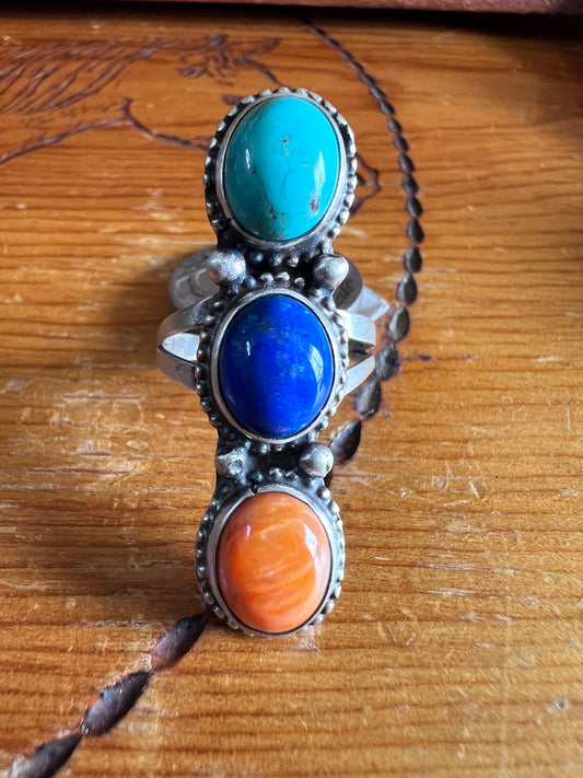 Native American Handmade Sterling, Orange Spiny, Blue Lapis & Tyrone Turquoise Ring Sz. 6 3/4