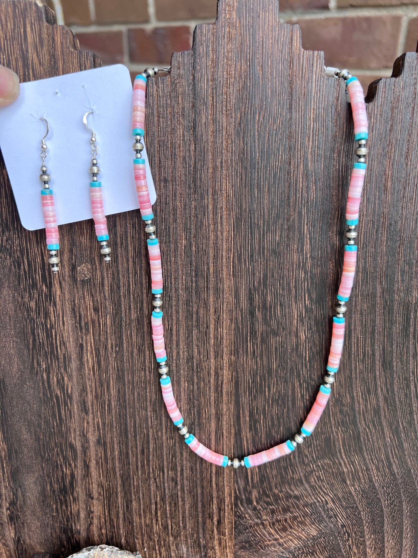 Southwest Sterling, Pink Conch & Turquoise Heishi Necklace & Earring Set