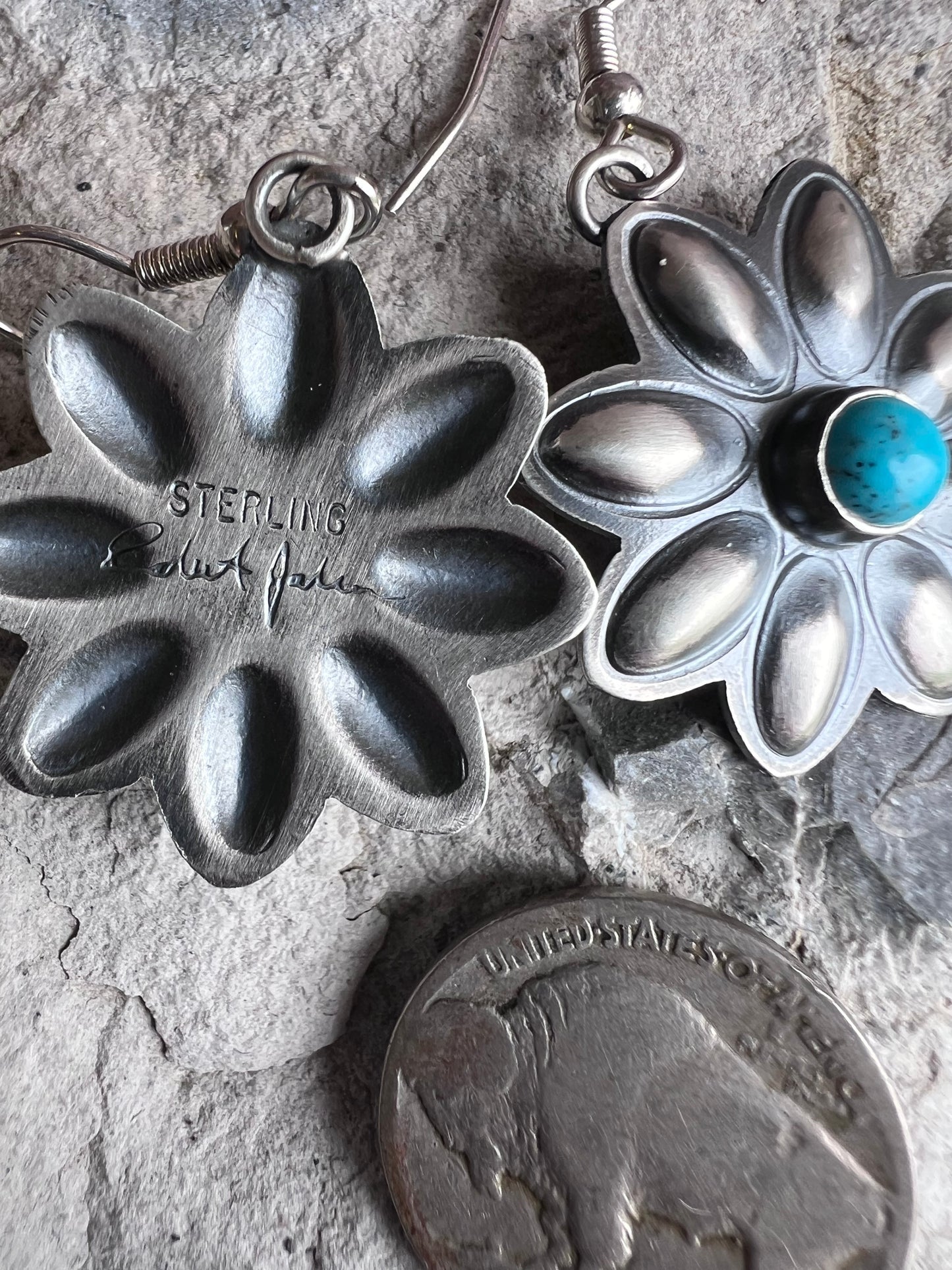 Native American Handmade Sterling & Tyrone Turquoise Repousse Daisy Dangle Earrings