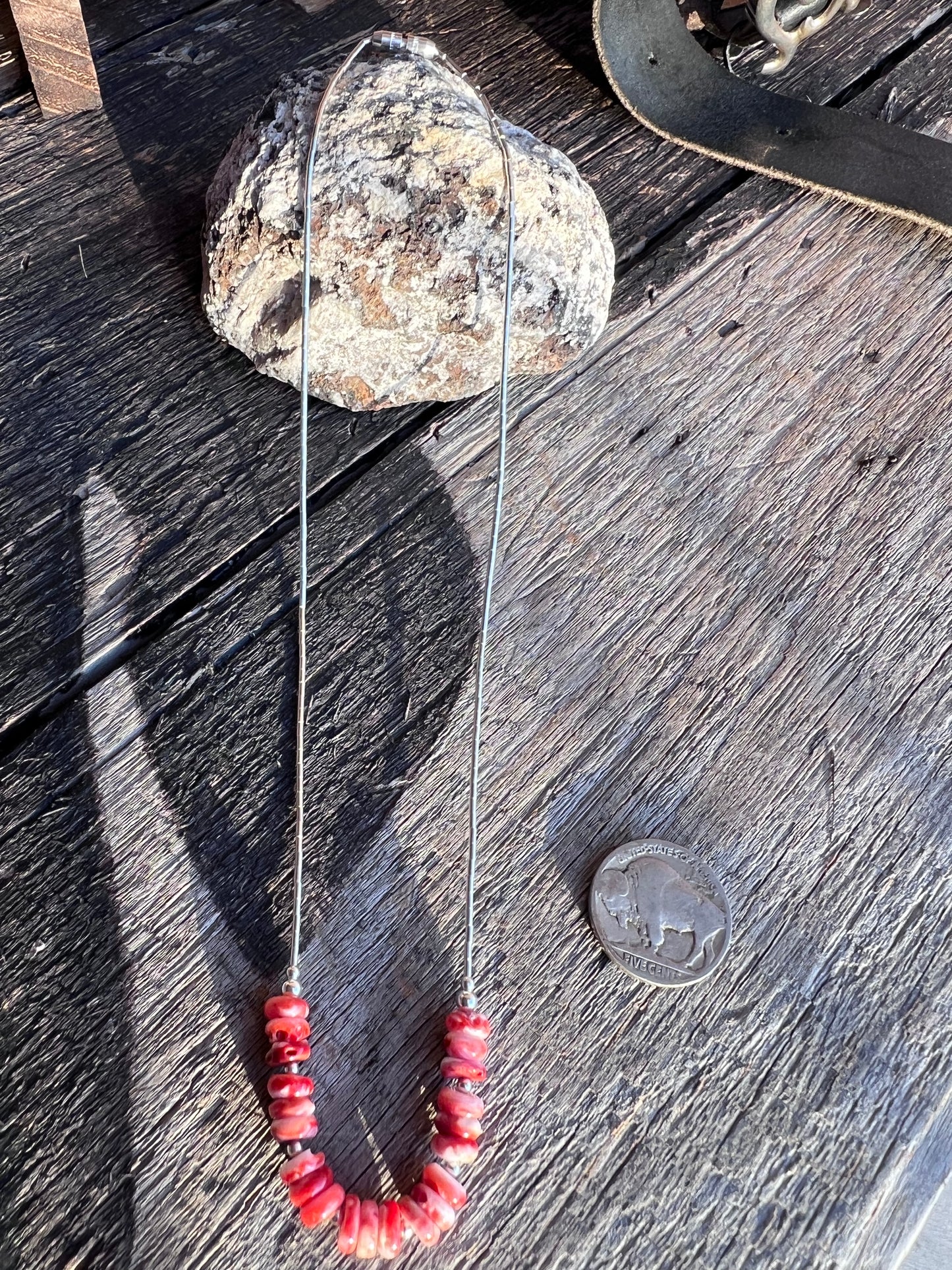 Sterling Liquid Silver & Red Spiny Rondelle Bead Necklace 16β