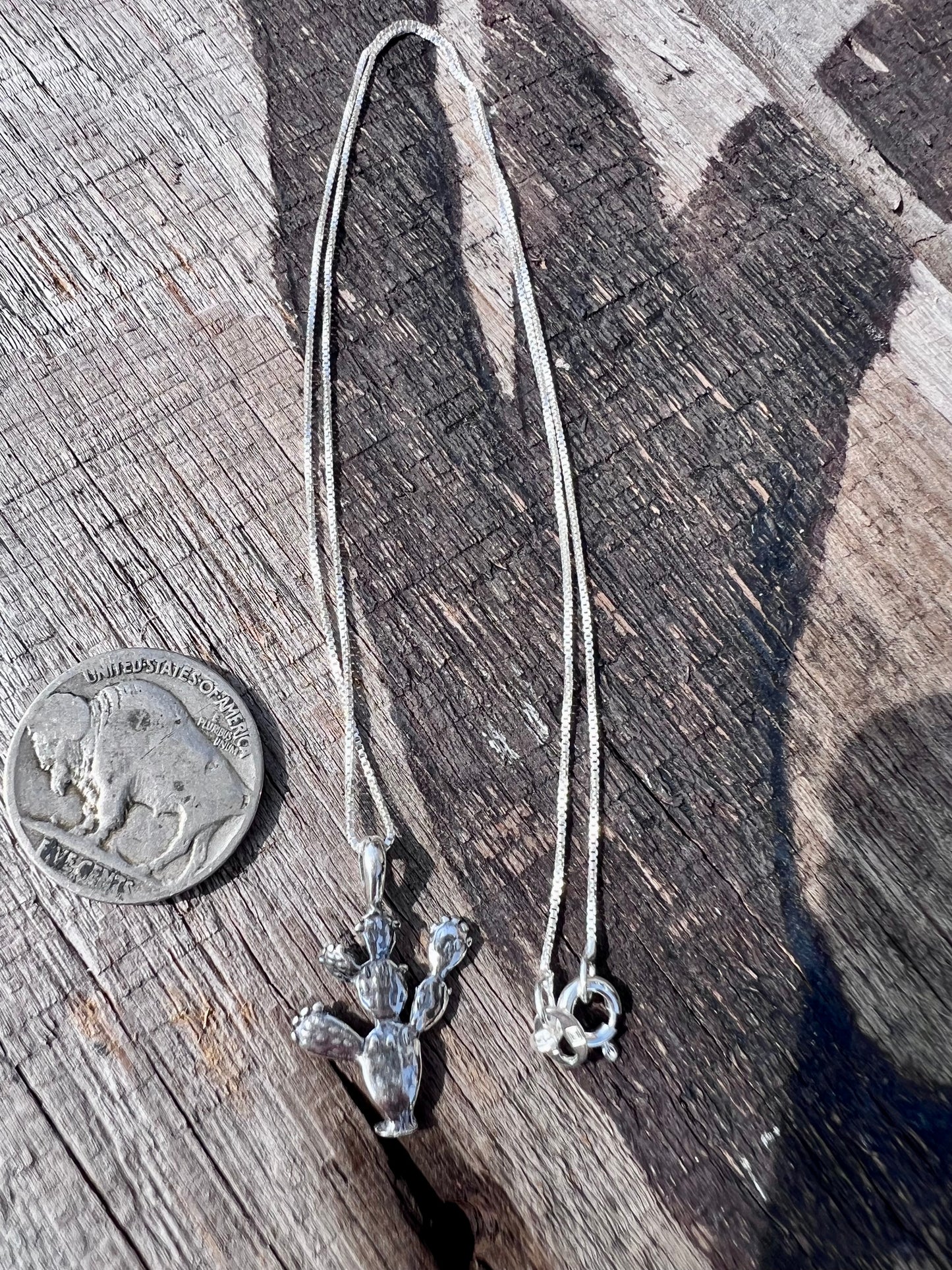 Sterling Silver Cactus Pendant & Box Chain Necklace 16”