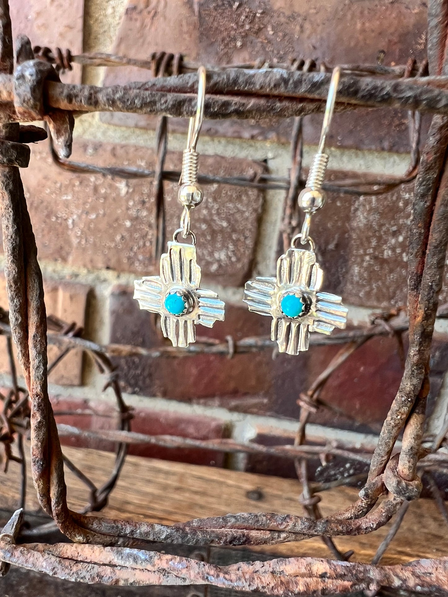 Dainty Handmade by Lucille Platero (Navajo) Turquoise & Sterling Silver Zia Earrings 1 3/8” Length