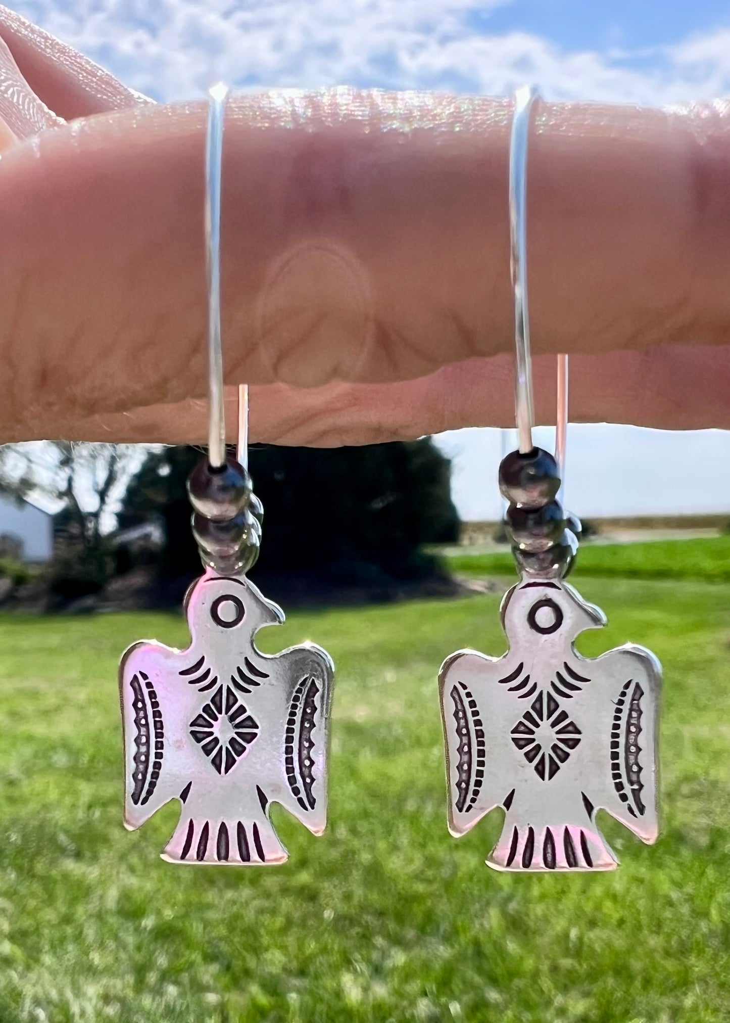 Sterling Silver Thunderbird & 3mm Oxidized Beads Hoop Earrings 1.8”