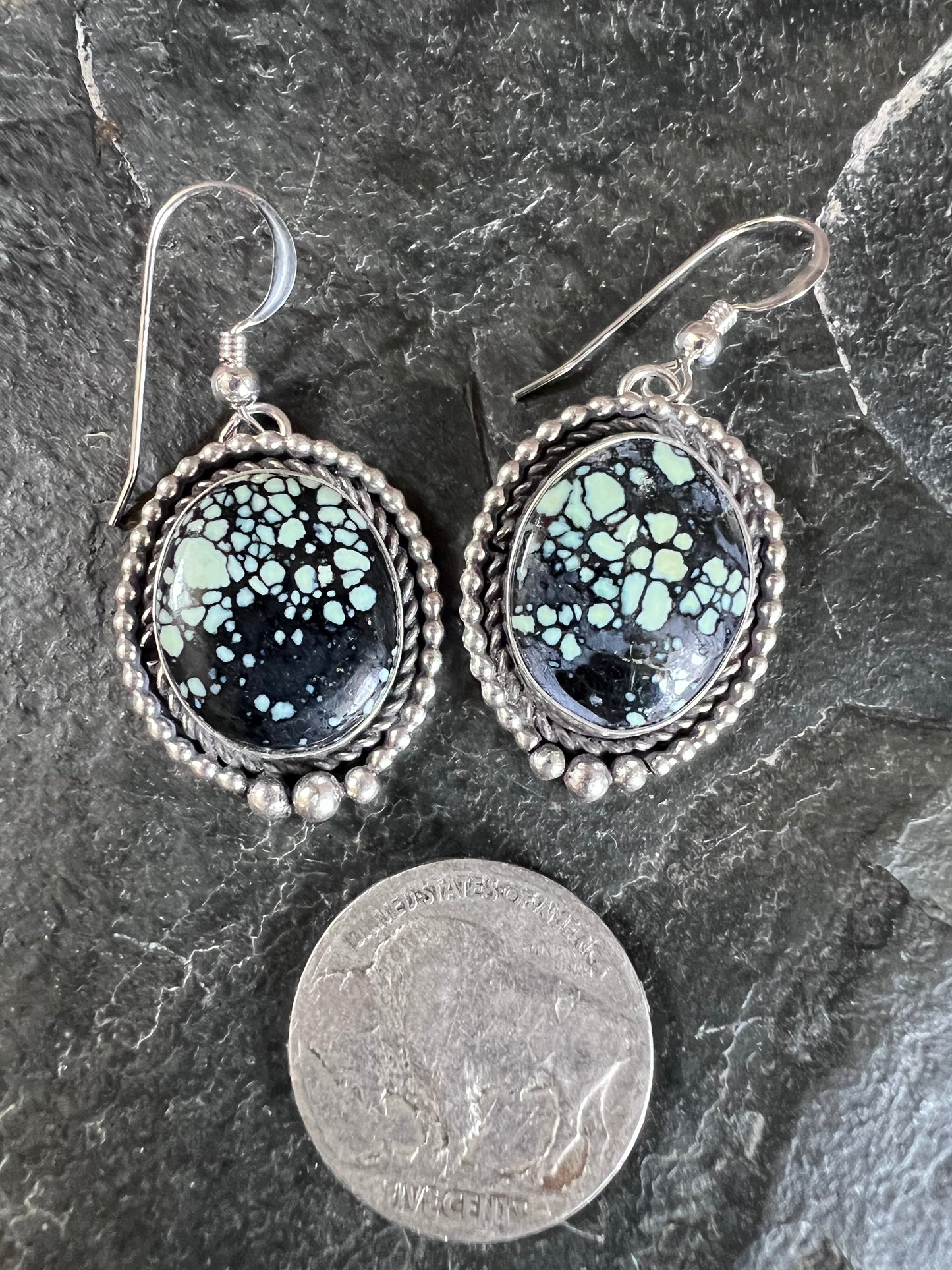 Native American Handmade by Dustin Calvin. Sterling & New Lander Variscite Dangle Earrings 1.7β long
