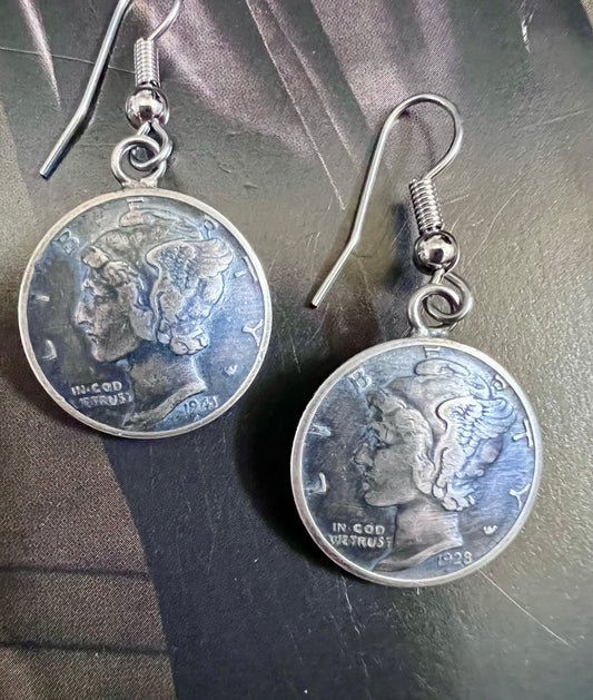 Vintage Mercury Dime Earrings w/Sterling French Hook 1.5β