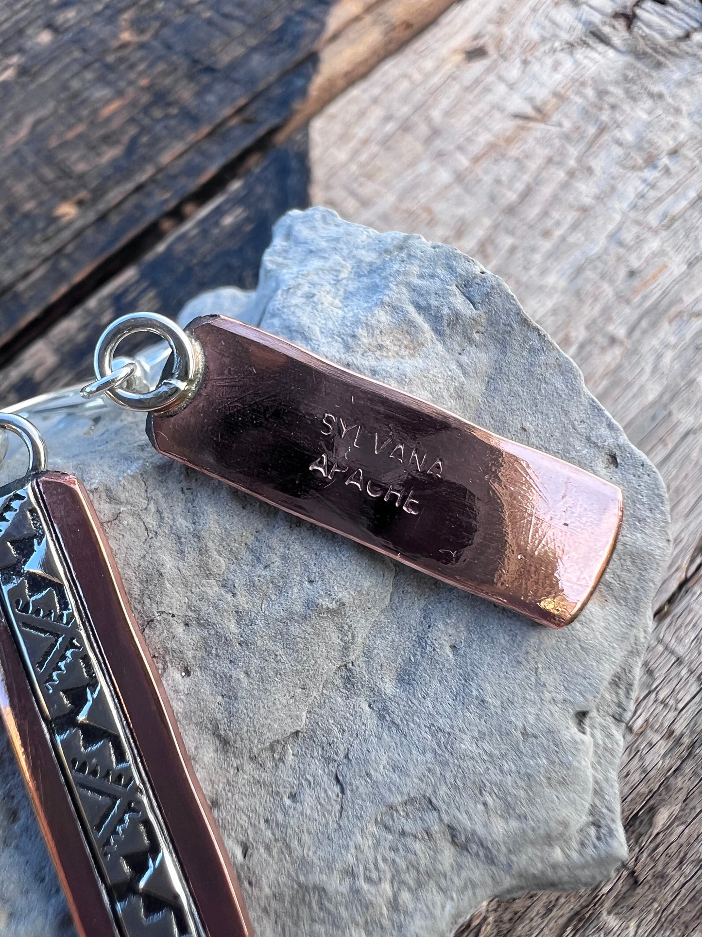 Navajo Handmade by Sylvana Apache Copper & Sterling Silver Earrings 2 7/8β