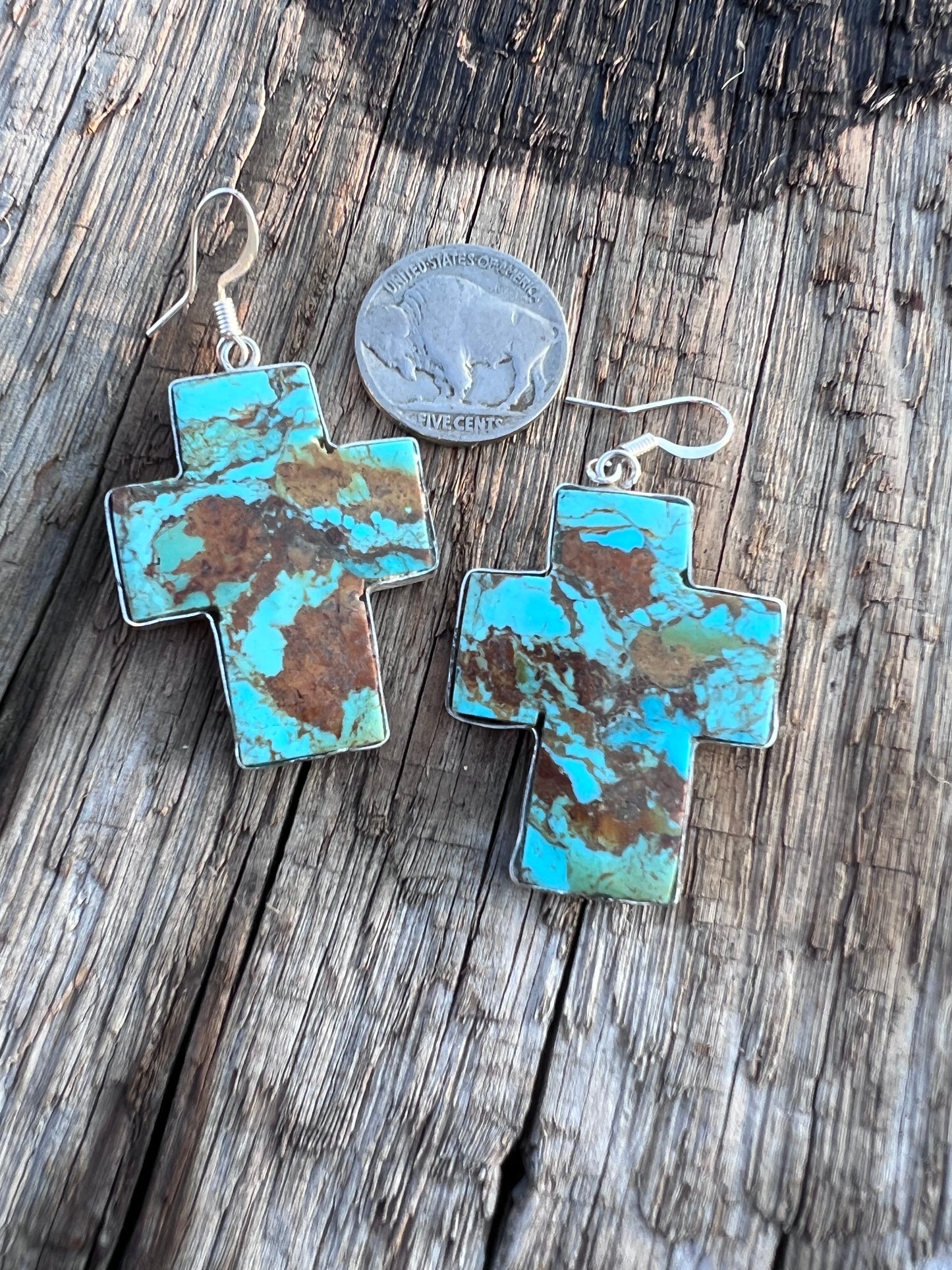 Native American Handmade Kingman Turquoise Cross and Sterling Silver Slab Earrings by Veronica Tortalita. 2” x 1“