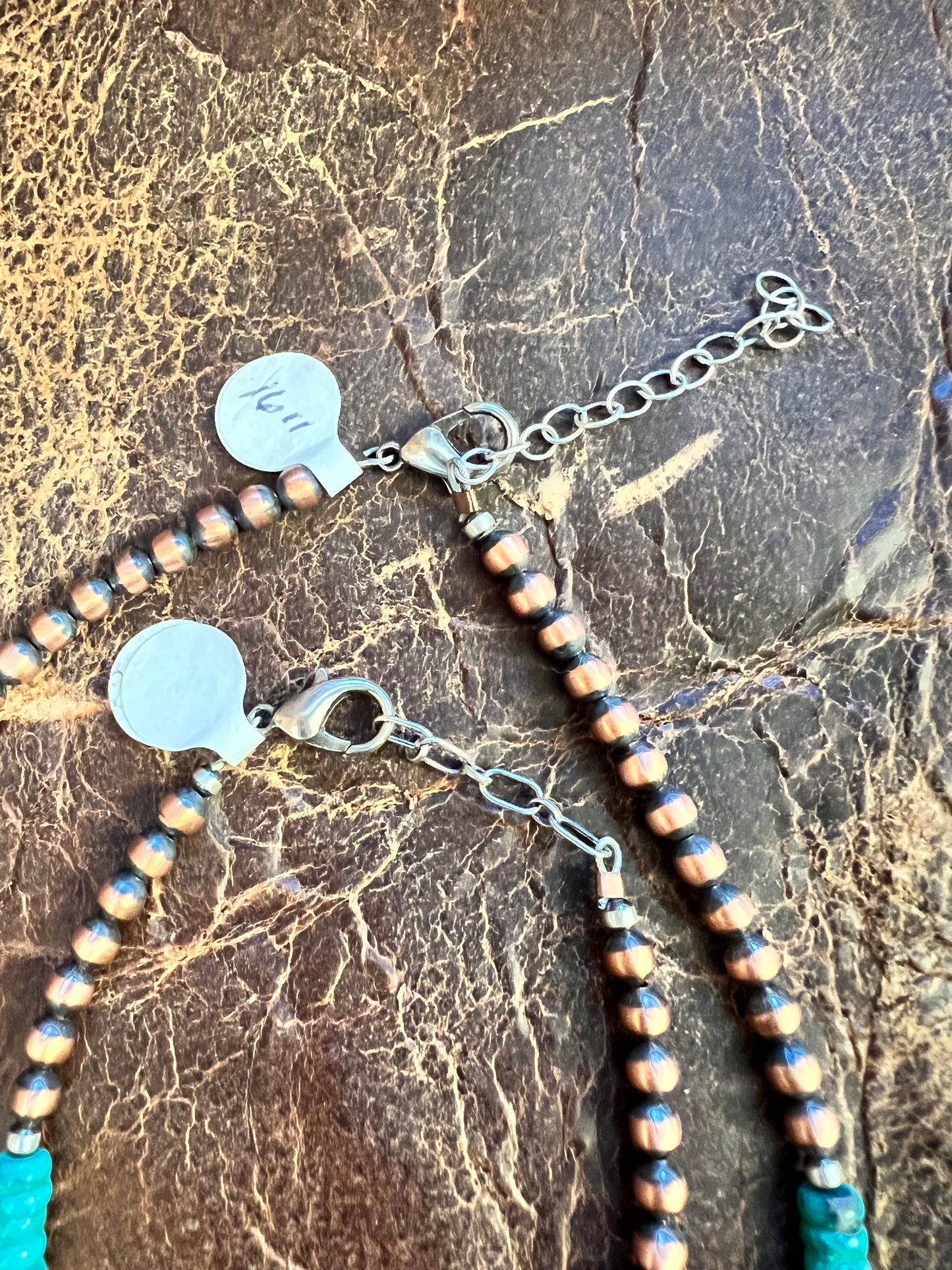 Copper Copper, Sterling & Tyrone Turquoise Bead 5mm Necklace 16β-18β, Bracelet 6-7β & Earrings 3β SET