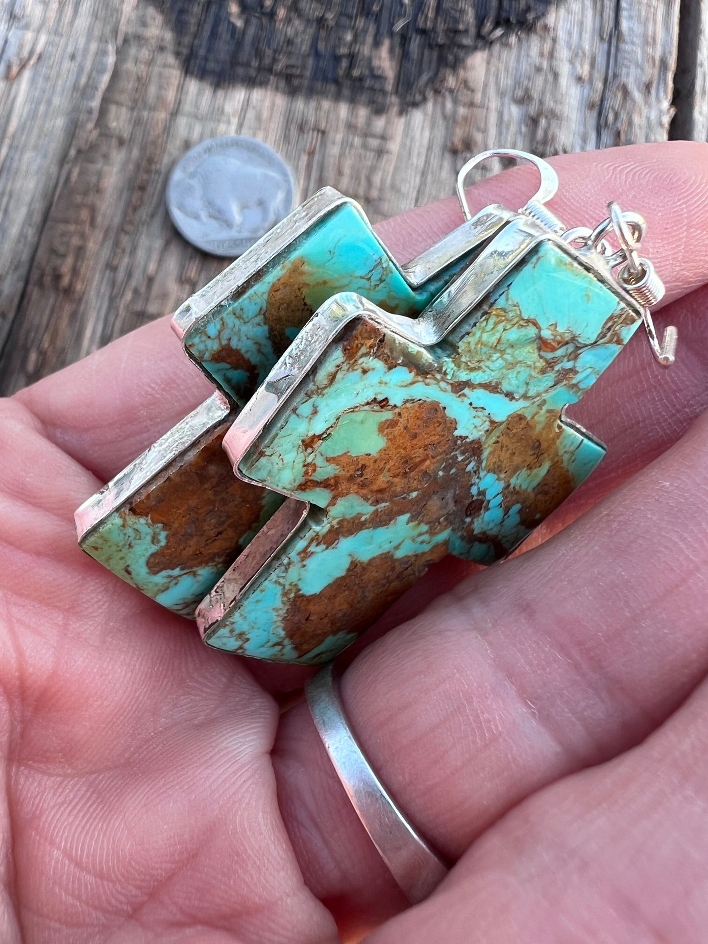 Native American Handmade Kingman Turquoise Cross and Sterling Silver Slab Earrings by Veronica Tortalita. 2” x 1“