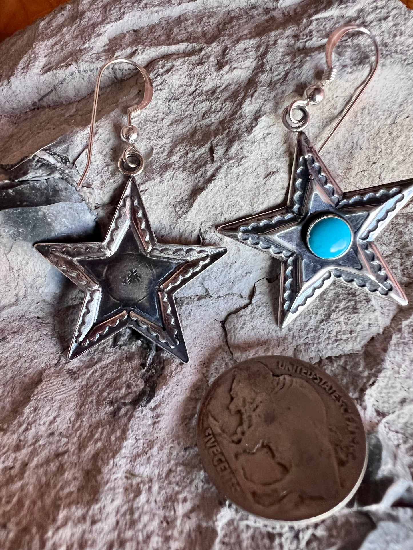 Southwest Sterling & Turquoise Star Dangle Earrings