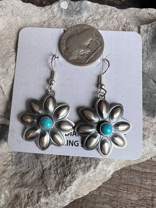 Native American Handmade Sterling & Tyrone Turquoise Repousse Daisy Dangle Earrings