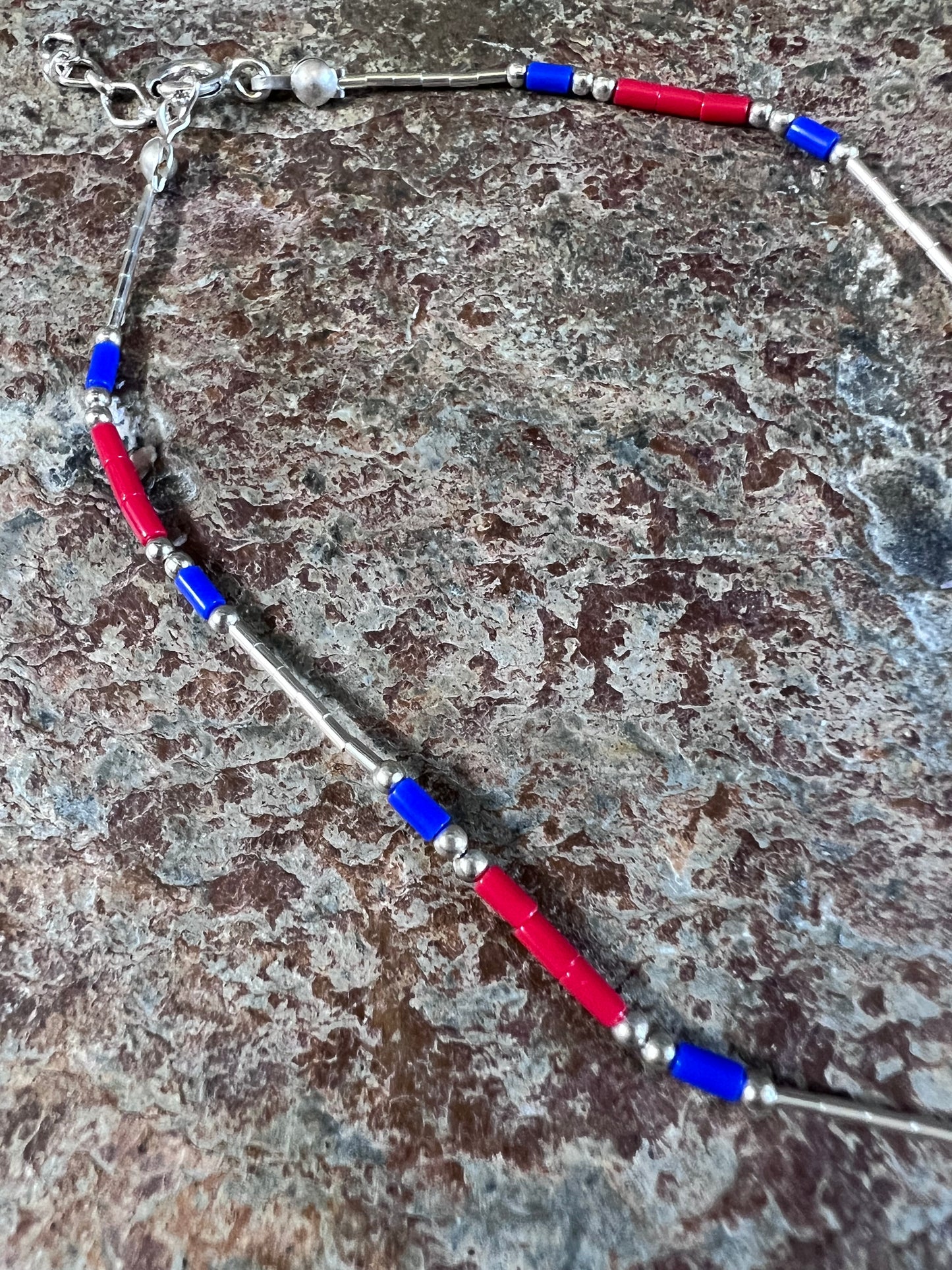 Southwest Handmade Sterling, Red Coral & Lapis Ankle Bracelet Sz 9β-10β