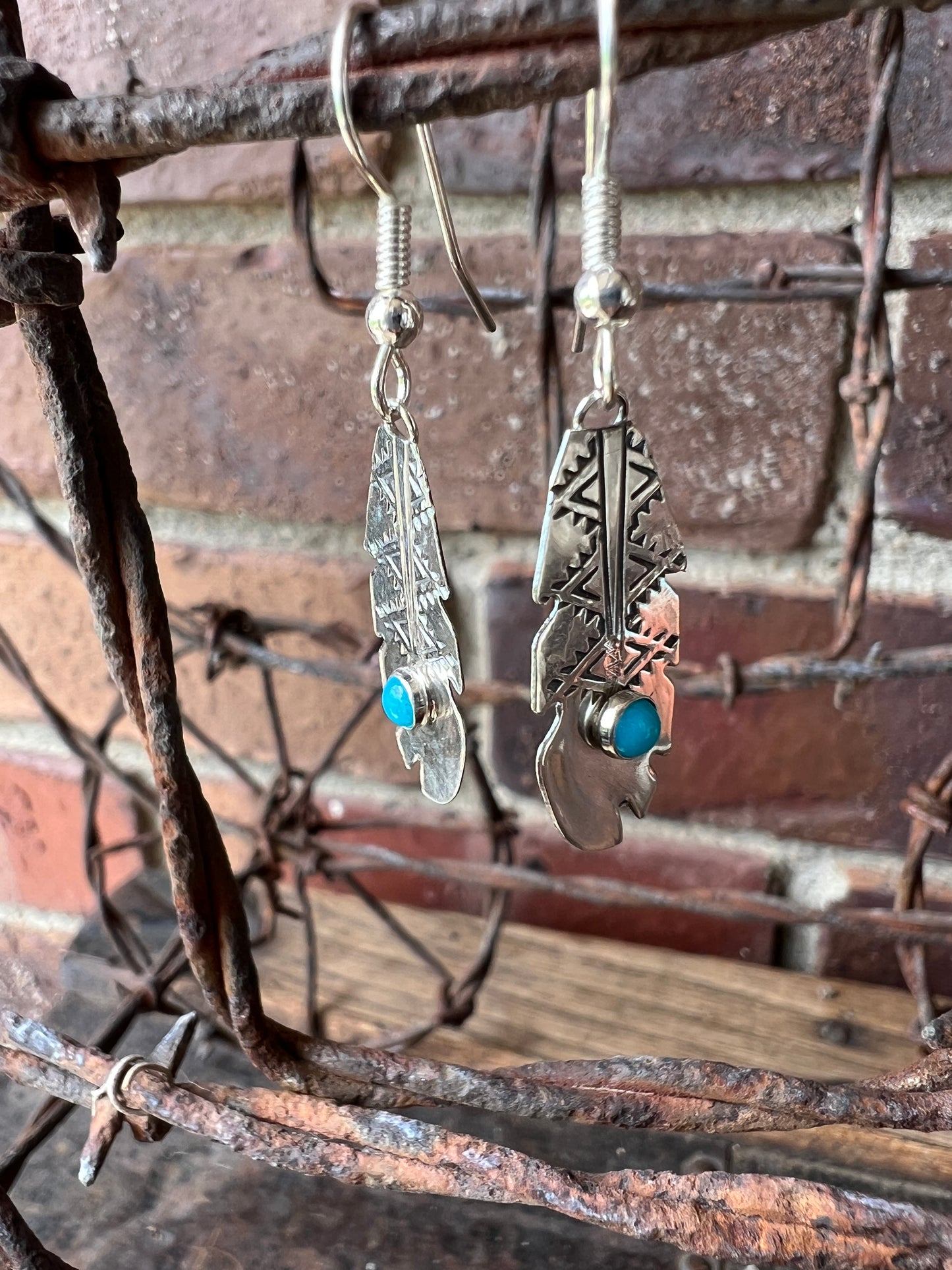 Dainty Handmade by Lucille Platero (Navajo) Turquoise & Sterling Silver Feather Earrings 1 3/4” Length