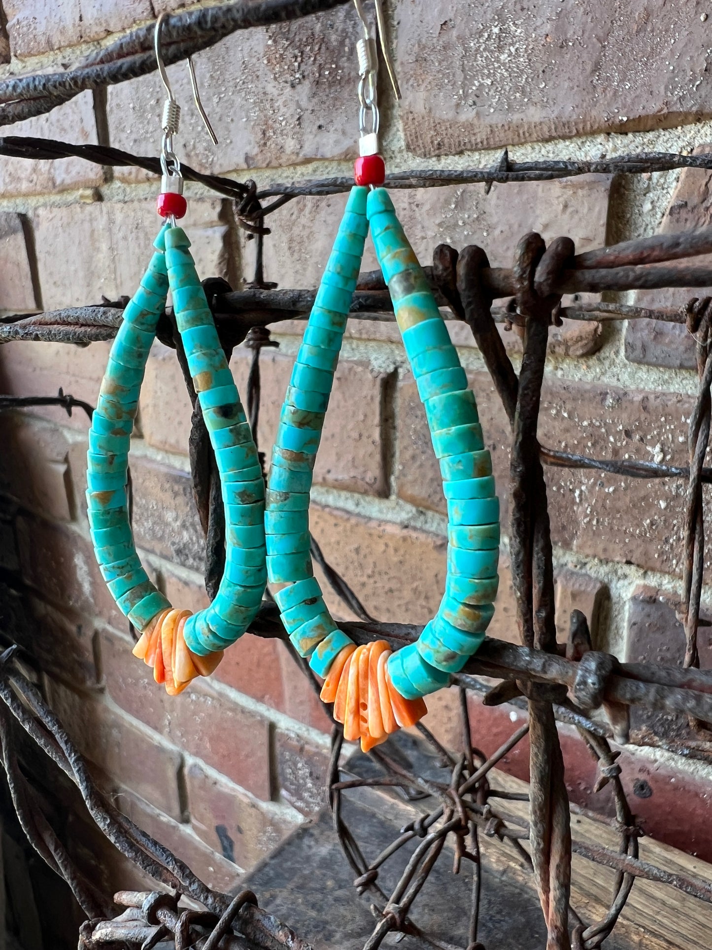 Handmade by Lupe Lovato, JACLA EARRINGS Kingman Turquoise, Orange Spiny Oyster & Coral 3.5”