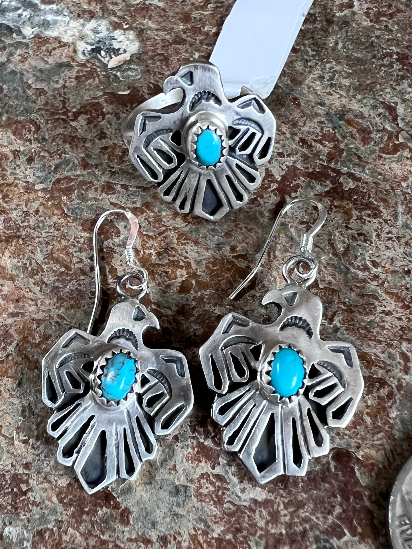 Navajo Handmade by Robert Martinez- Sterling & Turquoise Thunderbird Dangle Earrings 1 6/8β & Ring Set Sz 8
