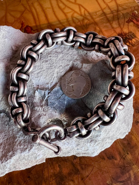 Vintage Menβs Chunky Sterling Silver Handmade Link Bracelet Sz 10β