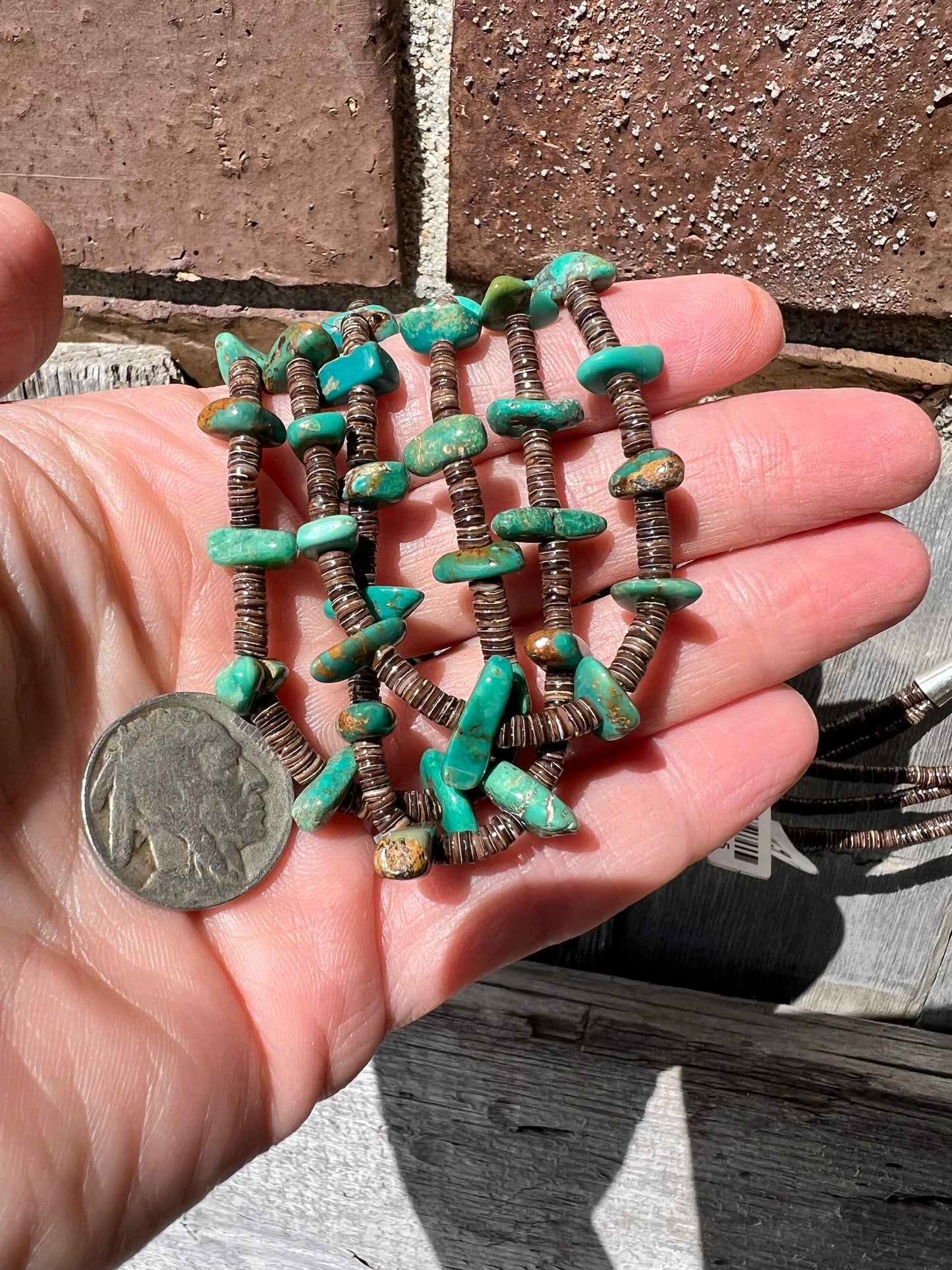 Kewa Pueblo Handmade by Robert Coriz Shell Heishi & Fox Turquoise 3-Strand 23” Necklace