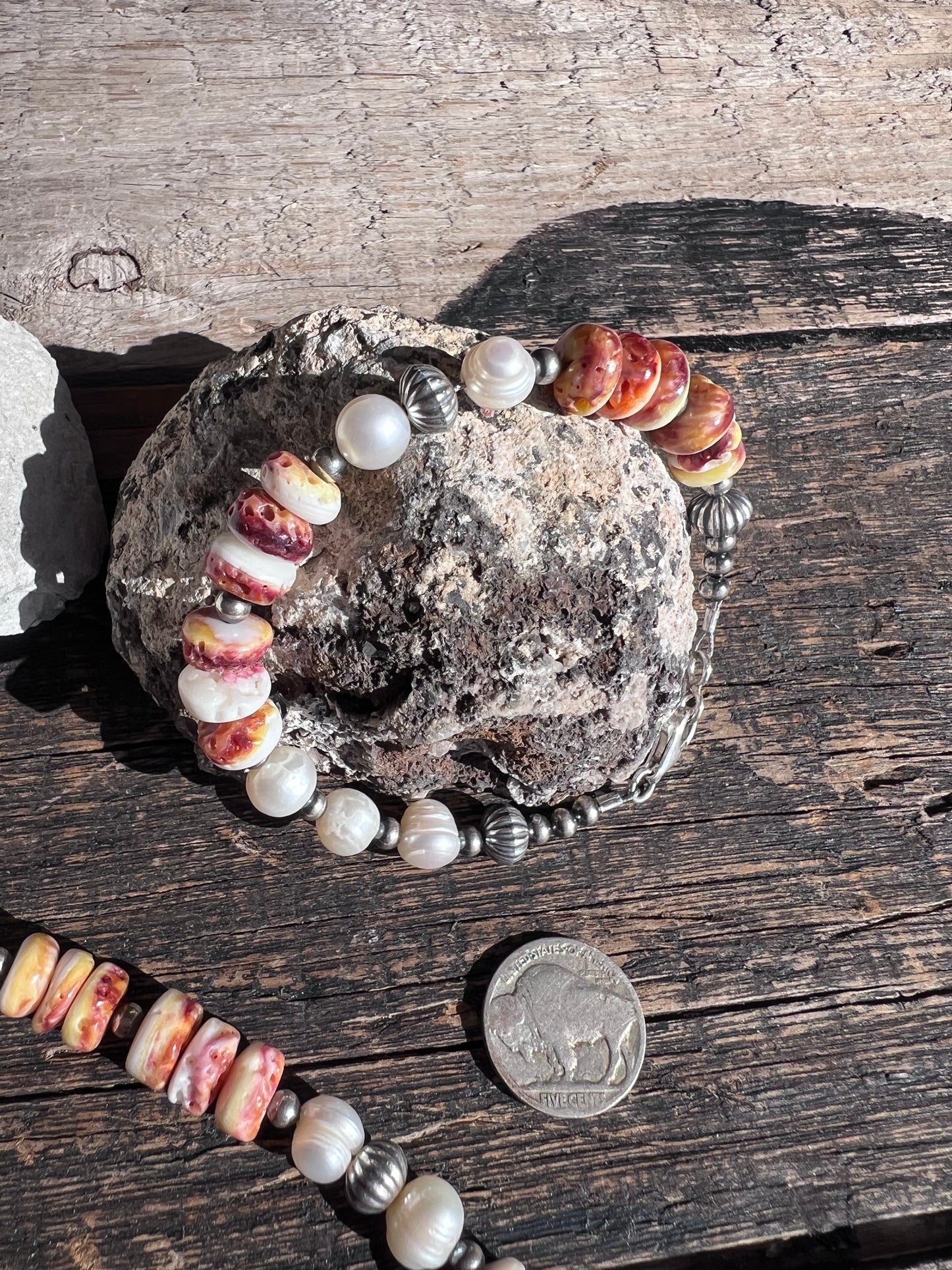 Southwest Handmade Spiny Oyster, Freshwater Pearls & Sterling Silver Necklace, Bracelet & Earrings Set