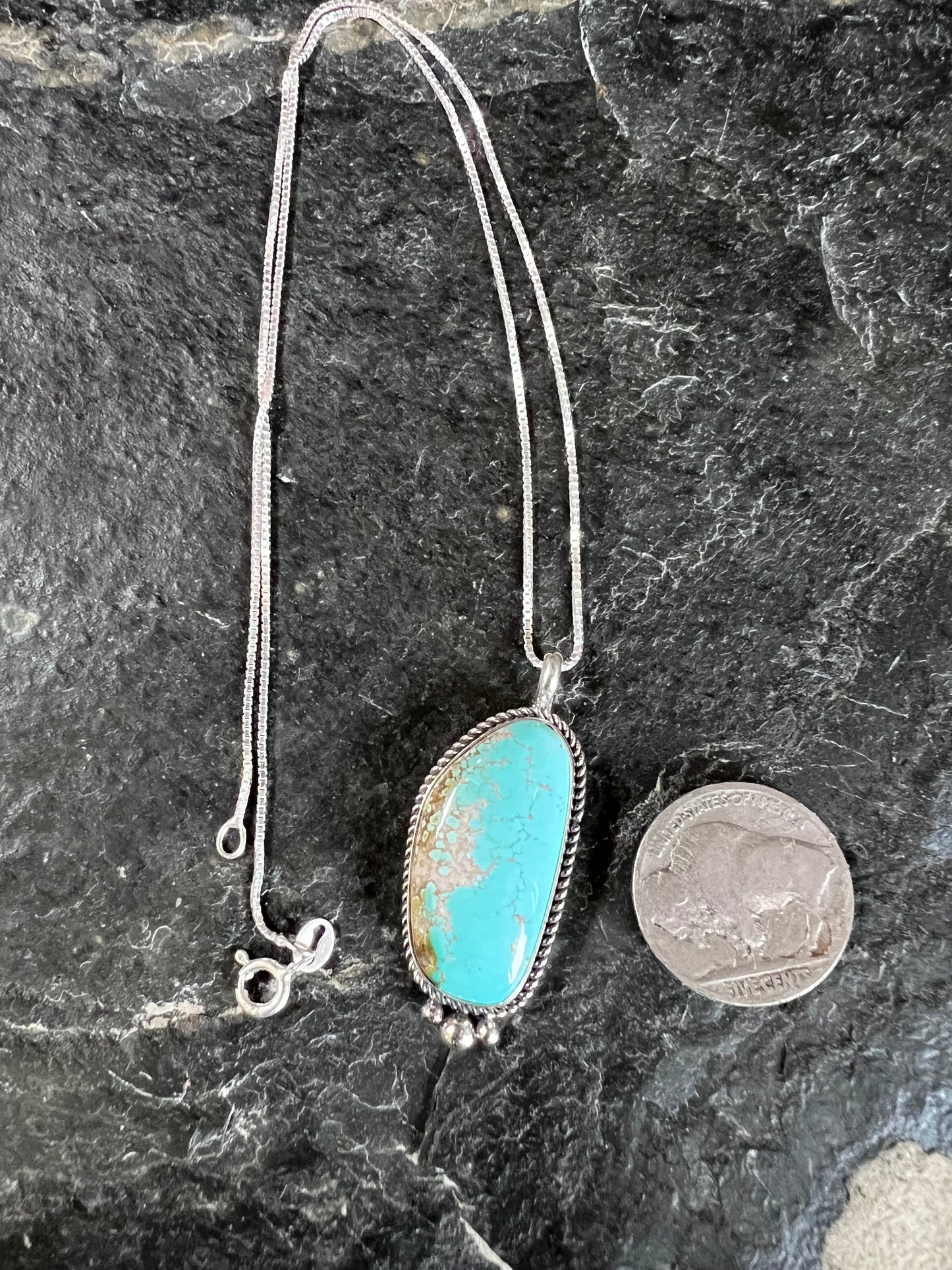 Native American Handmade Sterling & Carico Lake Turquoise Pendant(1.6β x.7β)on a Sterling Box Chain Necklace 16β