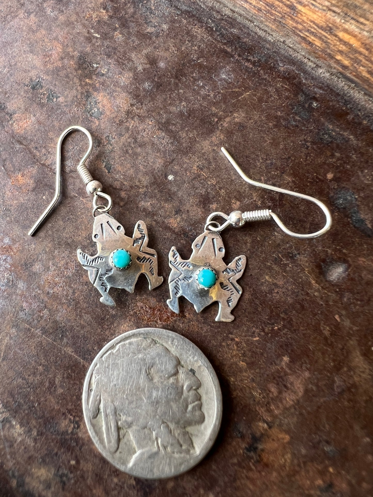 Dainty Handmade by Lucille Platero (Navajo) Sterling & Turquoise Frog Earrings 1.3” long