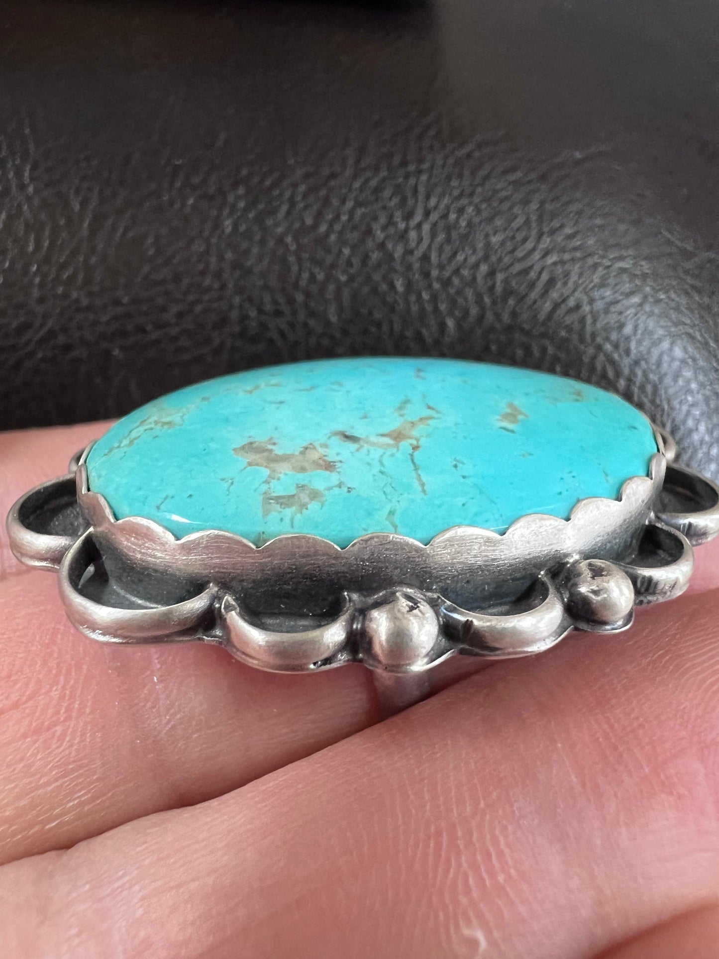 Native American Handmade by Miranda Willie, Sterling & Large Campitos Turquoise Stone Ring Sz 6.5 Adjustable