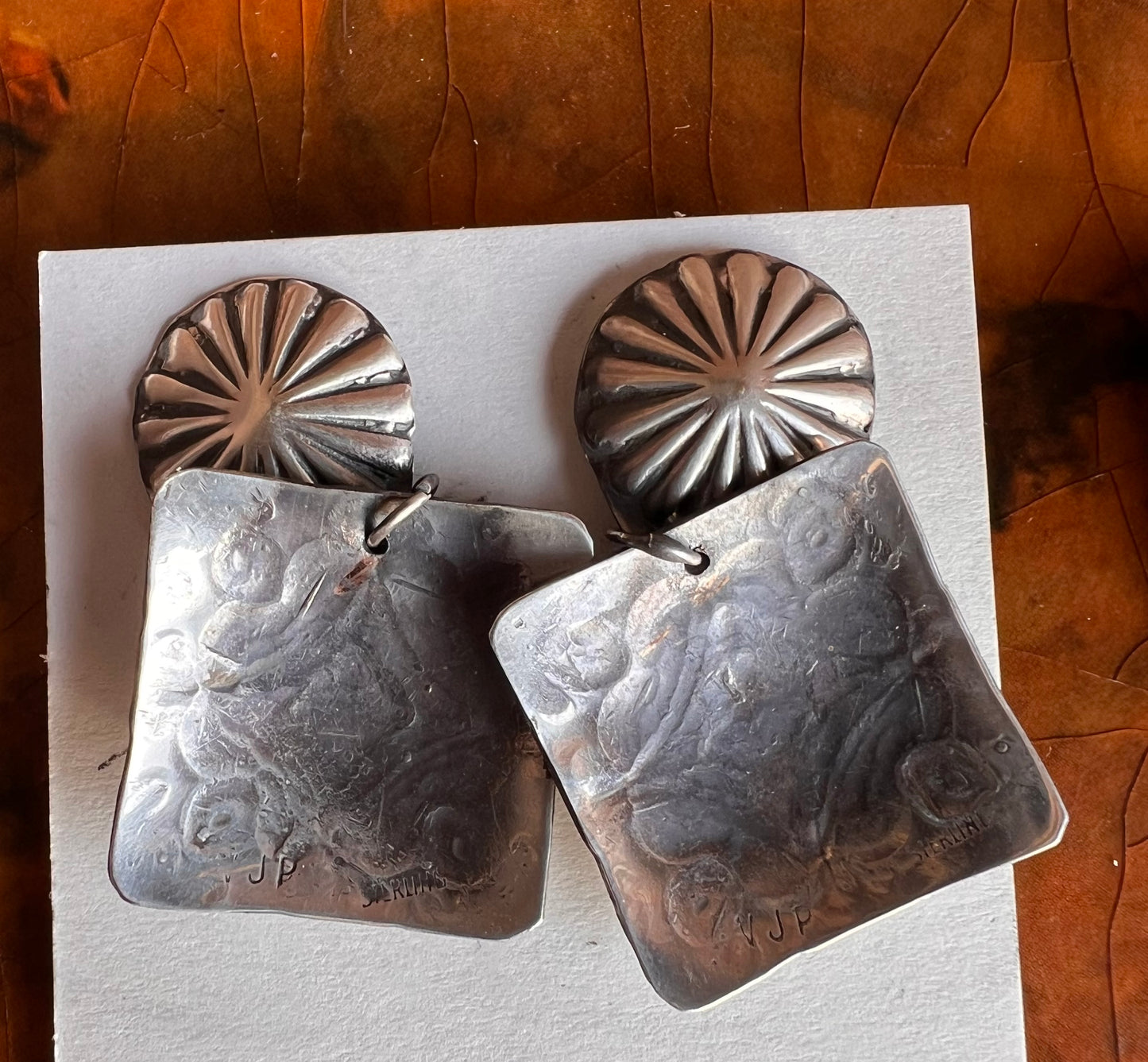 Handmade by Vincent Platero, Sterling Stamped Concho Post Dangle Earrings