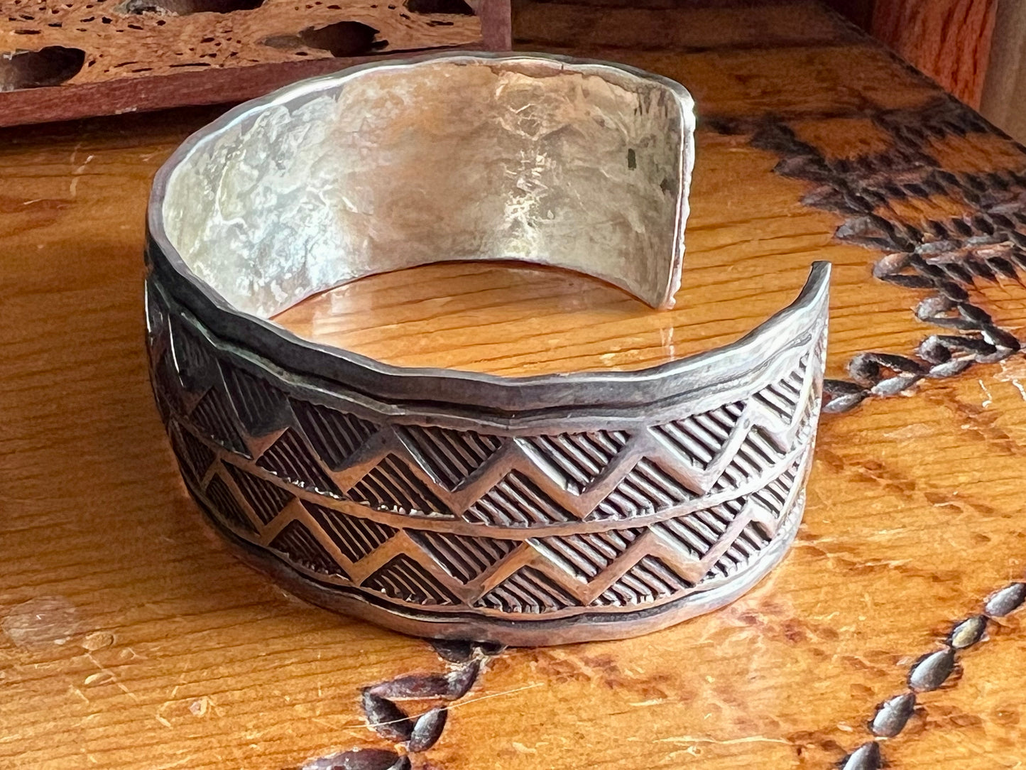 Vintage Native American Handmade Sterling Stamped Design Cuff Sz 7 1/4”
