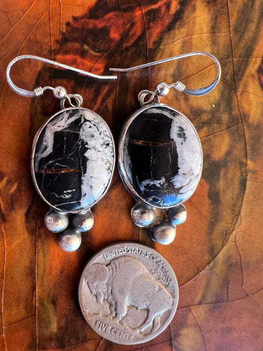 Native American Handmade by Miranda Willie.  White Buffalo & Sterling Dangle Earrings 2β length