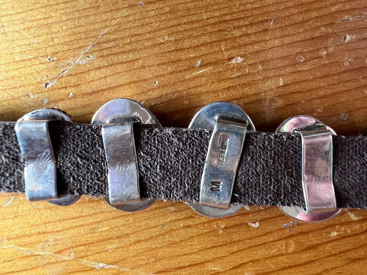 Native American Handmade Sterling, Turquoise on Leather Bracelet Sz 6.5-9”