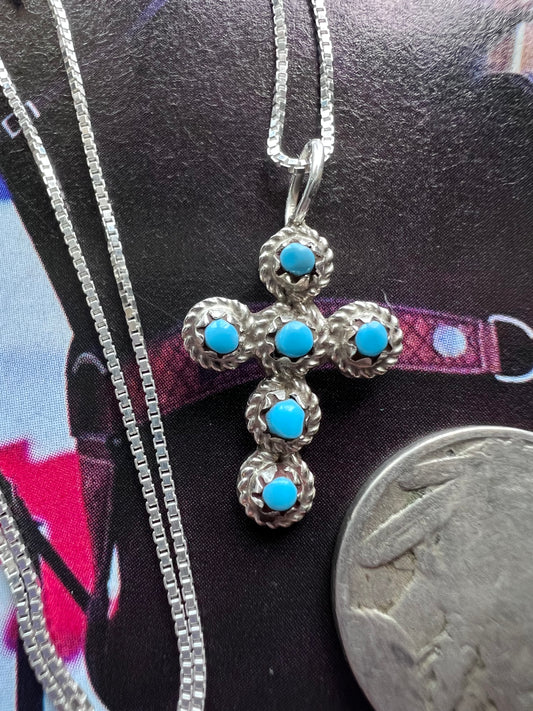 Handmade Sterling & Turquoise Cross Pendant on 16β Sterling Box Chain