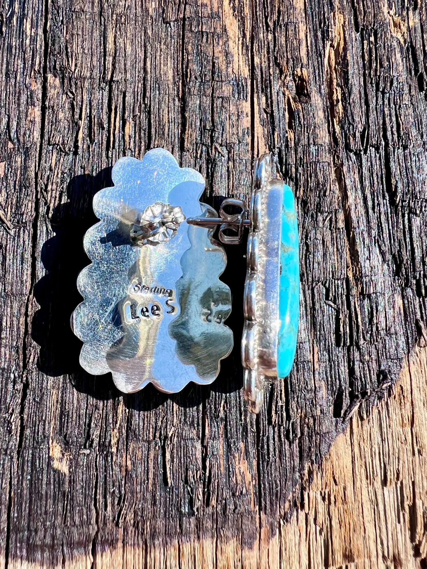 Native American Handmade Sterling & Carico Lake Turquoise Post Earrings 1 3/8β x 7/8β