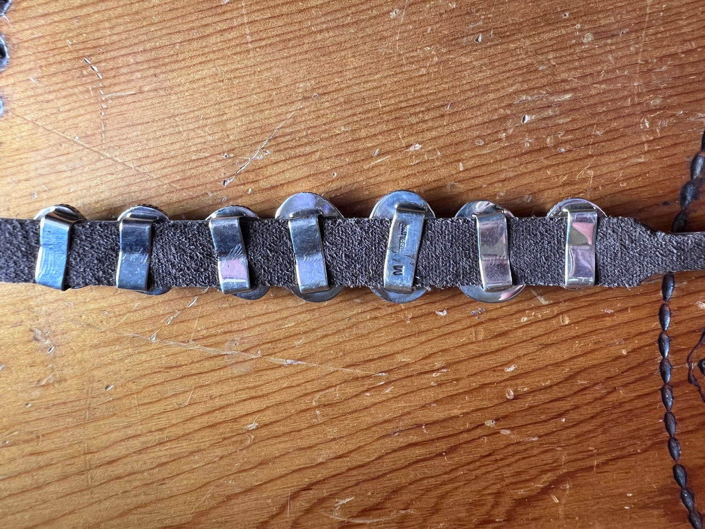 Native American Handmade Sterling, Turquoise on Leather Bracelet Sz 6.5-9”