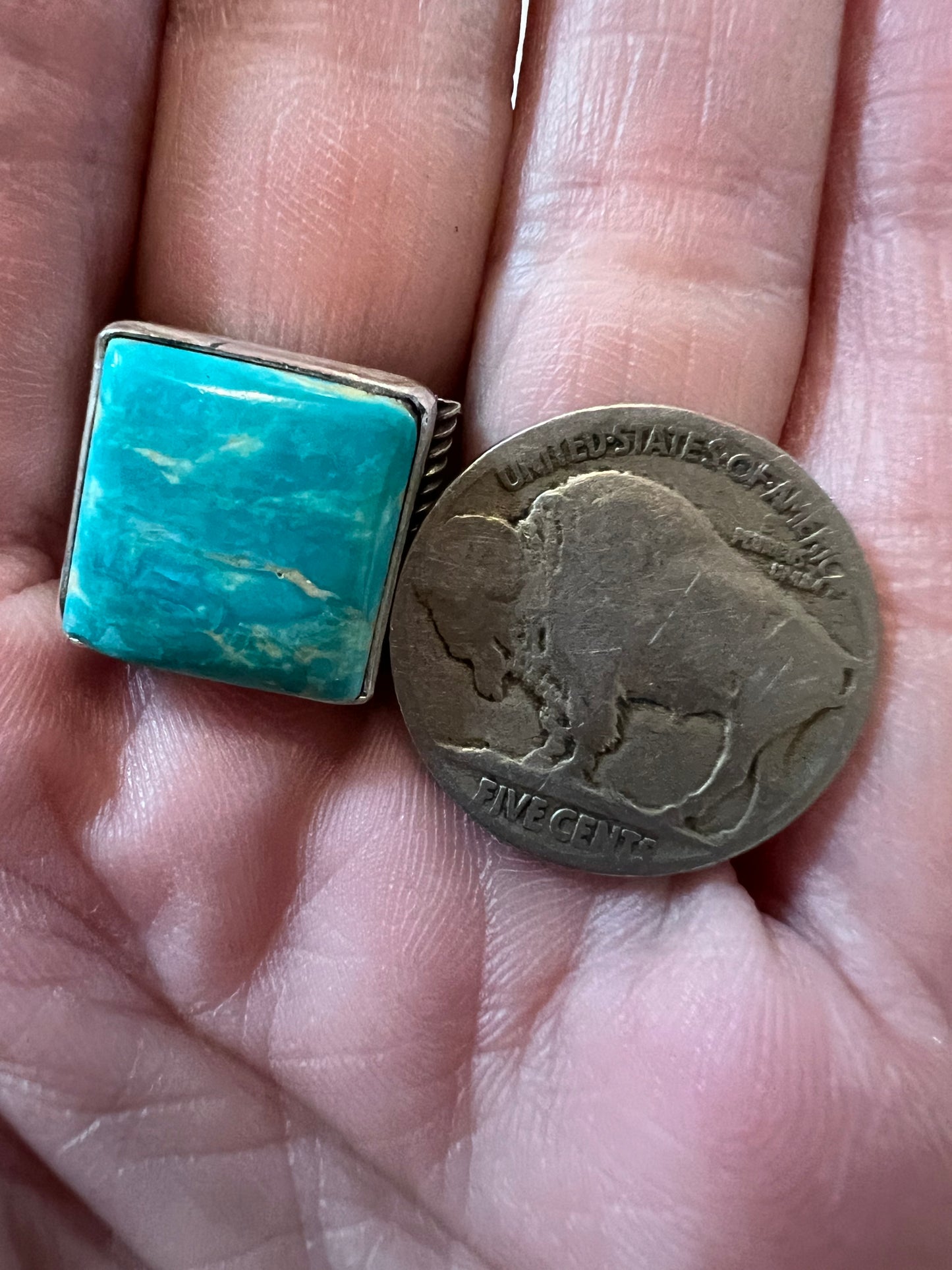 Native American Handmade By Ray Bennett. Sterling & Turquoise Square-stone Ring Sz 8