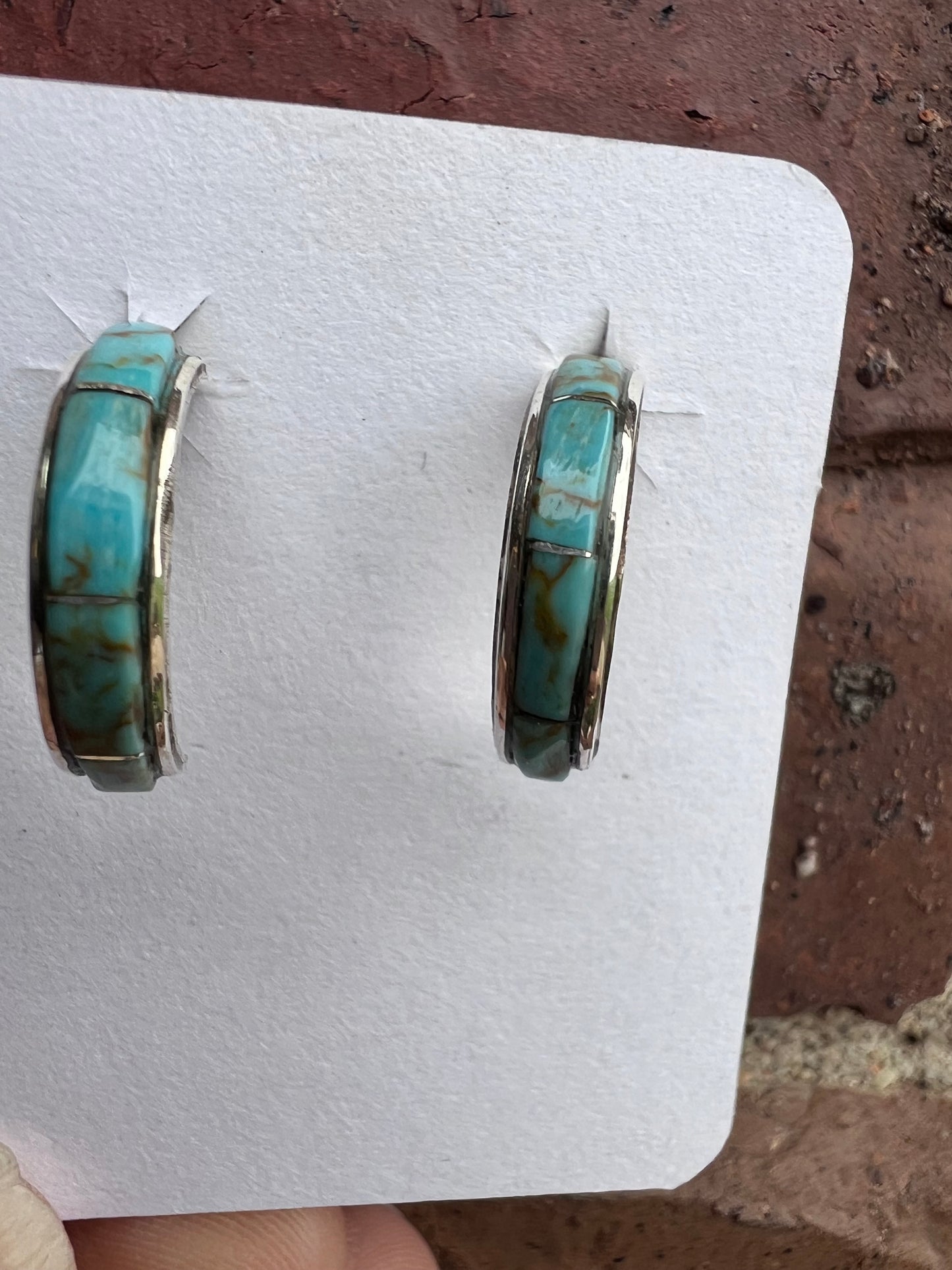 Handmade Sterling & Kingman Turquoise Inlay Half-hoop Post Earrings