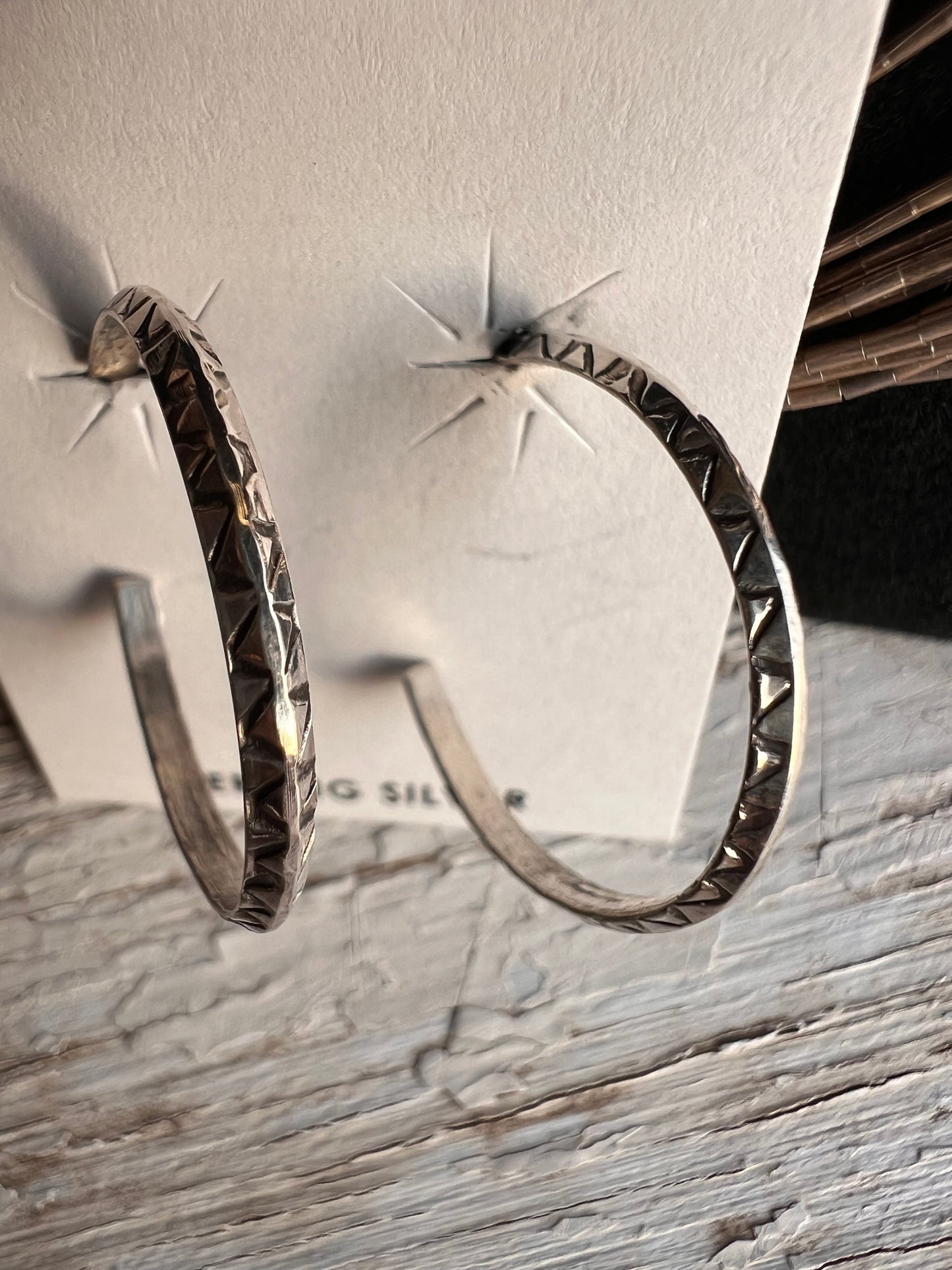 Navajo Handmade by Elaine Tahe Post Sterling Silver Carinated Stamped Hoops 1”