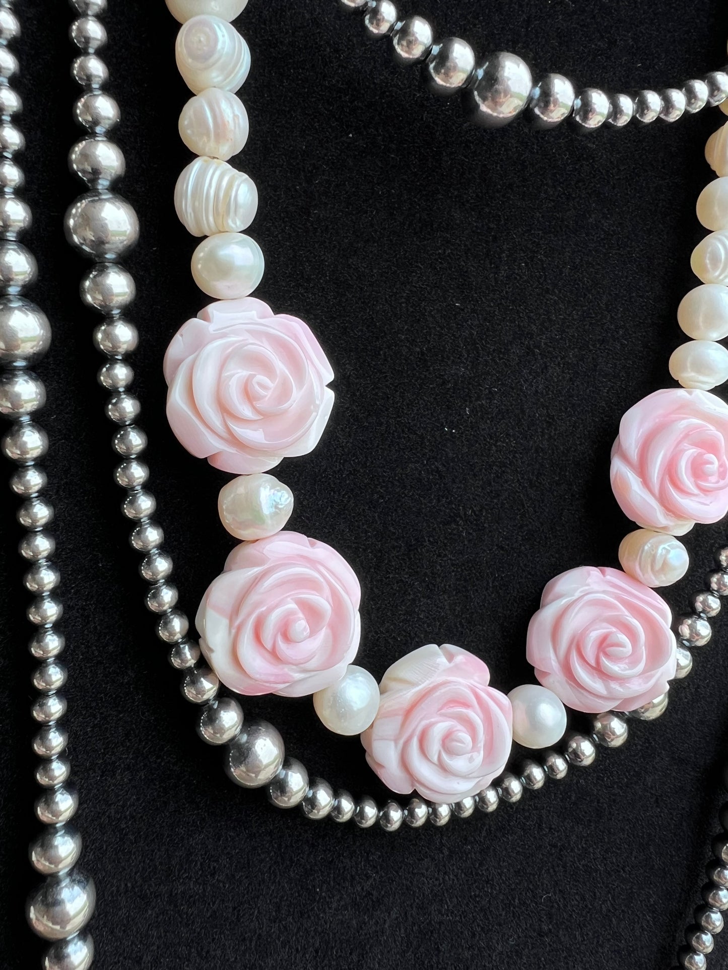 Pink Conch Shell Carved Rose & Natural Freshwater Pearl Necklace, Bracelet & Earrings Set